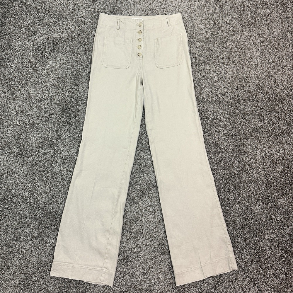 Anthropologie Maeve Pants Womens 8 Beige Flare‎ Linen Casual High Waist Preppy